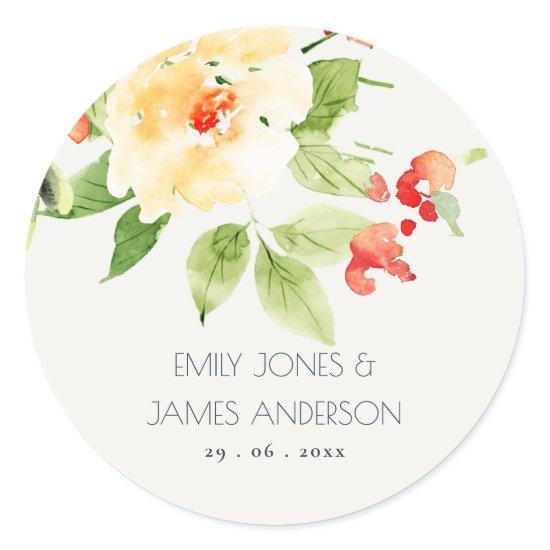 ORANGE YELLOW RED ROSE WATERCOLOR FLORAL CLASSIC ROUND STICKER