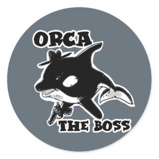 orca the boss cartoon style funny illustration classic round sticker