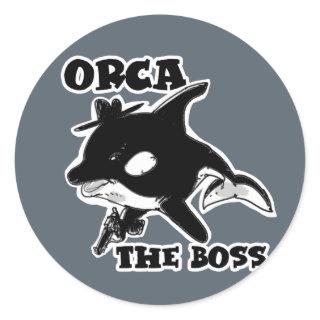 orca the boss cartoon style funny illustration classic round sticker