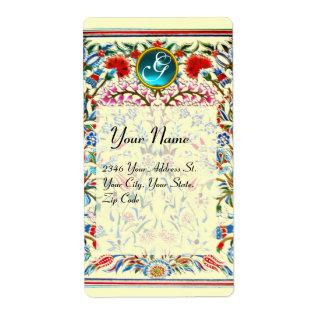 ORIENTAL  FLOWERS DAMASK MONOGRAM Blue Cream Label