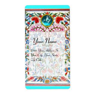 ORIENTAL  FLOWERS DAMASK MONOGRAM Blue Turquase Label