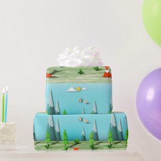 Origami Forest Scene with Fox Mountains and Birds
