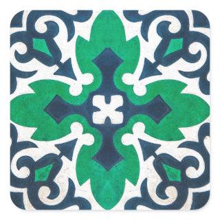 Ornamental Tile Damask Blue Green Swirl Square Sticker