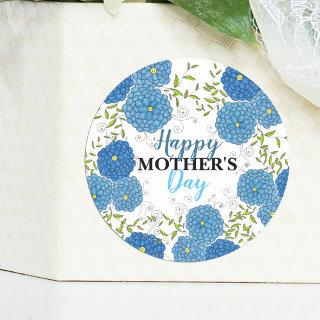 Ornate Blue Flowers and Green Leaves Mother's Day Classic Round Sticker
