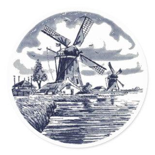 Ornate Chic Antique Dutch Delft Blue Windmill Classic Round Sticker