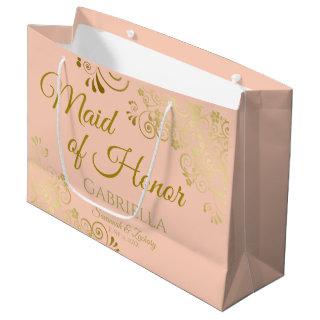 Ornate Coral Peach & Gold Maid of Honor Wedding Large Gift Bag