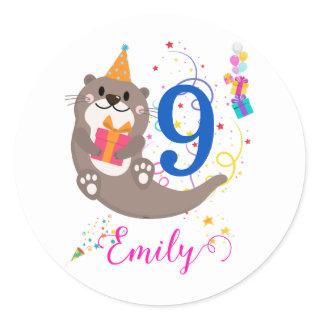 Otter Birthday Girl Party Colorful Balloons Theme Classic Round Sticker