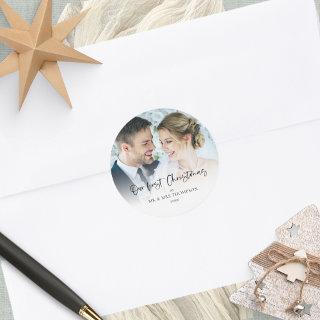 Our First Christmas As Mr Mrs Photo Overlay Classic Round Sticker