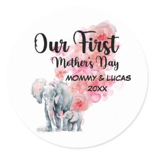 Our First Mother's Day Mom And Baby Elephants Classic Round Sticker