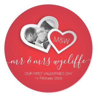 Our First Valentine’s Day as Mr & Mrs Heart Photo Classic Round Sticker