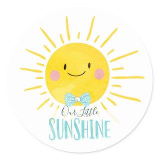 Our Little Sunshine Boy Blue Bow Tie Topper Favor Classic Round Sticker