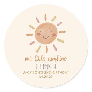 Our Little Sunshine Yellow Sun Birthday Party Classic Round Sticker