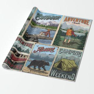 Outdoor recreation vintage posters set with canoe