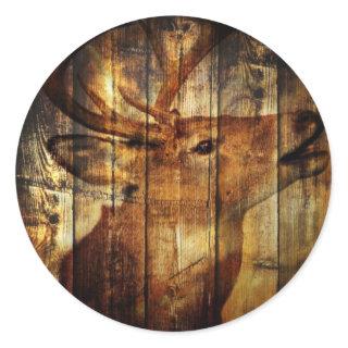 Outdoorsman primitive barn wood whitetail deer classic round sticker