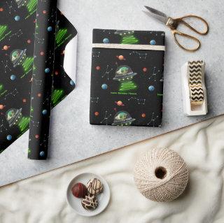 Outer Space UFO Green Alien Planets Stars Birthday