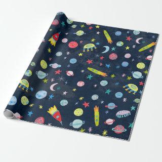Outer Space UFO Planets Rocket Pattern Watercolor