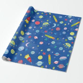 Outer Space UFO Planets Rocket Pattern Watercolor