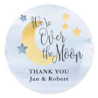 Over the Moon, Blue Watercolor Baby Shower Favor C Classic Round Sticker