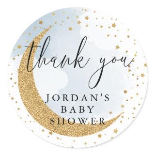Over the Moon, Gold Glitter Blue Thank You Favor Classic Round Sticker