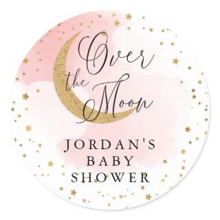 Over the Moon, Gold Glitter Pink Baby Shower Favor Classic Round Sticker