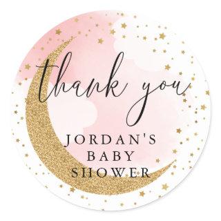Over the Moon, Gold Glitter Pink Thank You Favor Classic Round Sticker