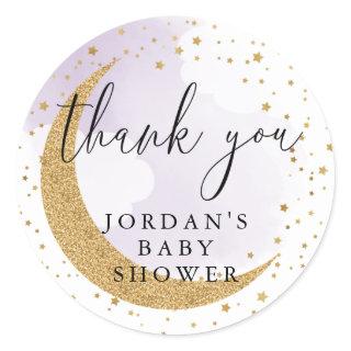 Over the Moon, Gold Purple Glitter Thank You Favor Classic Round Sticker