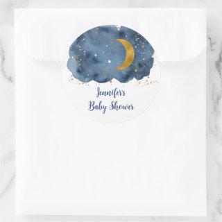 Over the Moon Navy Gold Galaxy Baby Shower Classic Round Sticker