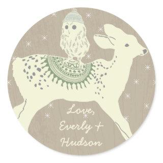 Owl Deer Fawn Knitted Hats and Blankets Stars Too Classic Round Sticker