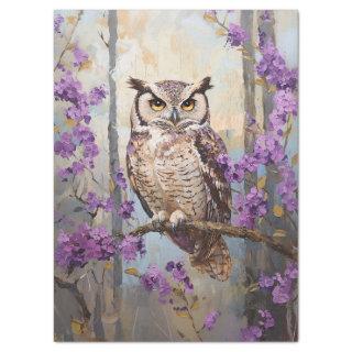 Owl Perched Purple Flowers Painting Decoupage Tissue Paper