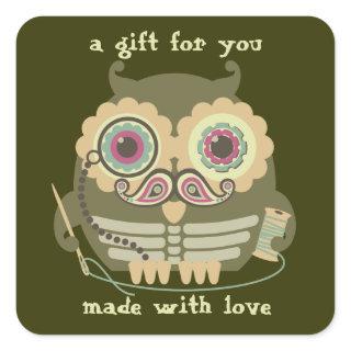 Owl steampunk skeleton mustache sewing needle square sticker