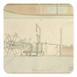 Paddle-wheel, perspective view of machinery drawn square sticker