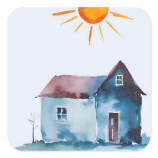 Paint Drawing, House And Sun Made By Child Square Sticker