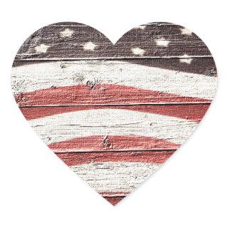 Painted American Flag on Rustic Wood Texture Heart Sticker