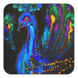 Painted Whimsical Peacock Square Sticker