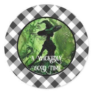 Painted Wickedly Good Witch Black Gingham Plaid Classic Round Sticker