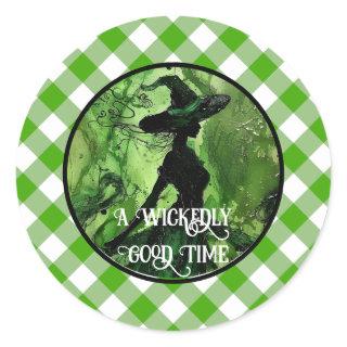 Painted Wickedly Good Witch Green Gingham Plaid Classic Round Sticker