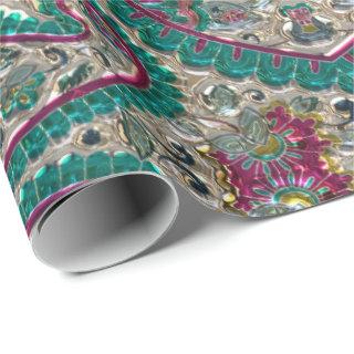 Paisley floral pattern teal silver pink bohemian