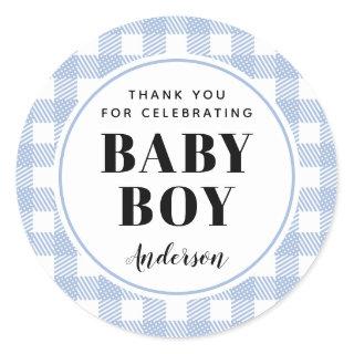Pale Blue Gingham Plaid Thank You Baby Boy Classic Round Sticker