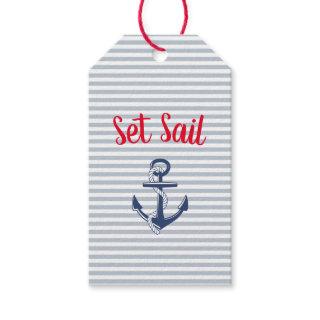 Pale Blue Grey and White Stripes Nautical Anchor Gift Tags