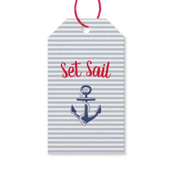 Pale Blue Grey and White Stripes Nautical Anchor Gift Tags
