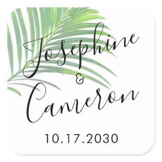 Palm Leaf Modern Beach Destination Wedding Favor Square Sticker