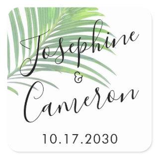 Palm Leaf Modern Beach Destination Wedding Favor Square Sticker