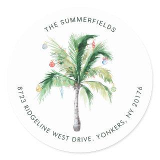 Palm Tree Coastal Christmas Return Address Classic Round Sticker