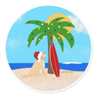 Palm Tree Surf Board Santa Dog Christmas Stickers