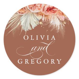 Pampas Grass and Rust Terracotta Flowers Elegant Classic Round Sticker