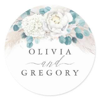 Pampas Grass and White Flowers Wedding Classic Rou Classic Round Sticker