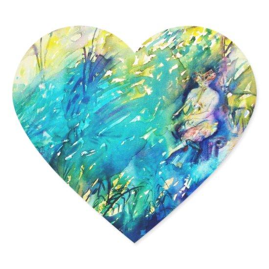 PAN PLAYING FLUTE AND DEER IN GREEN WOODLAND HEART STICKER