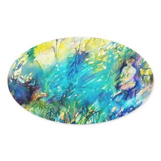 PAN PLAYING FLUTE AND DEER IN GREEN WOODLAND OVAL STICKER