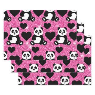 Panda Bear Animal Lover Black Hearts Pink Glitter  Sheets