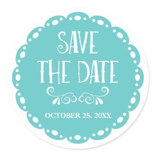 Papel Picado Save the Date Sky Blue Fiesta Wedding Classic Round Sticker